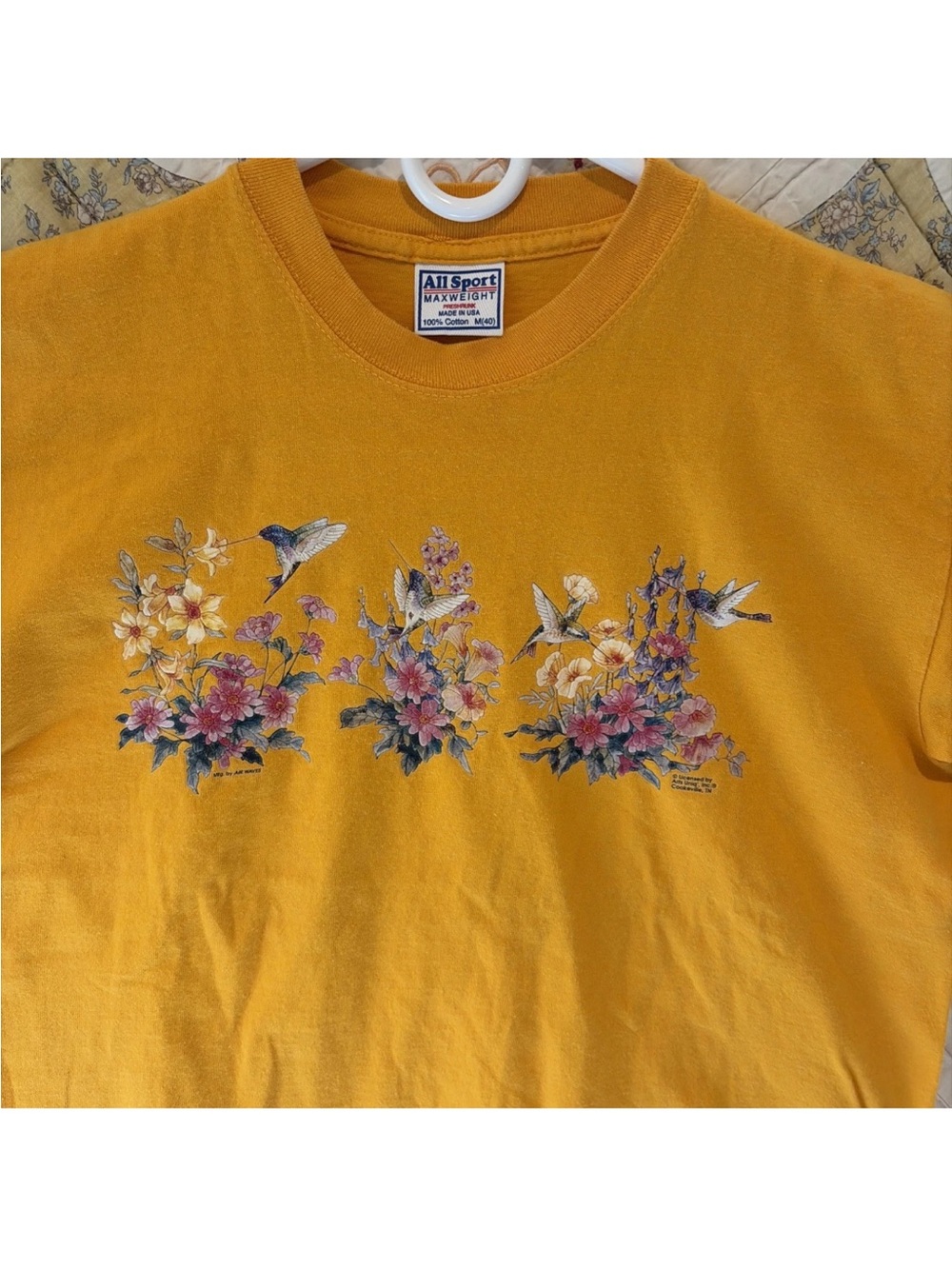 VTG 90s All Sport Maxweight Hummingbird Floral T Shirt M Yellow Arts Uniq’, Inc